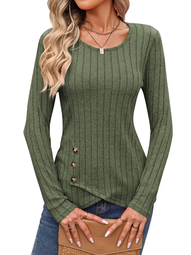Waist Tight Tight Round Neck Tight Long sleeved Top Army Green - Shop at LoveMi