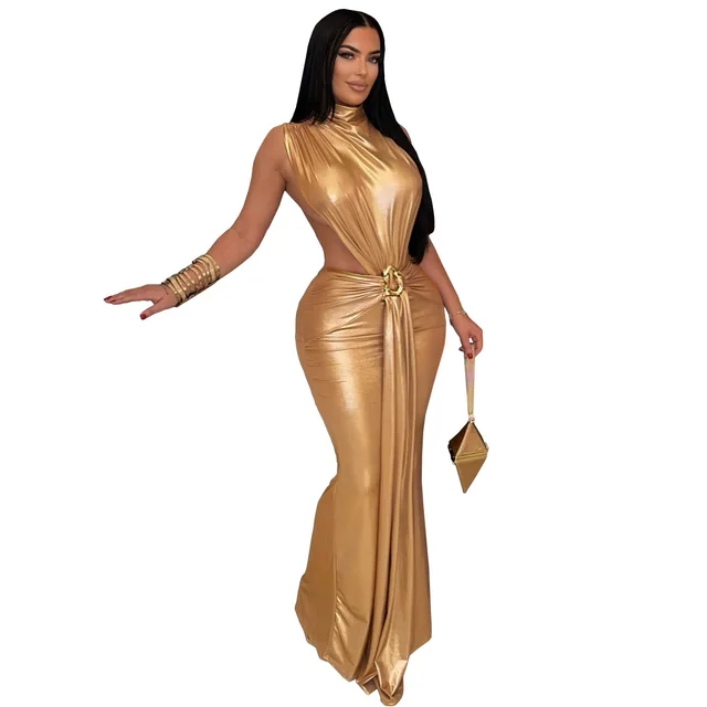 Wear Sexy Elegant Turtleneck Arm Covering Split Dress C7476 Gold - Shop at LoveMi