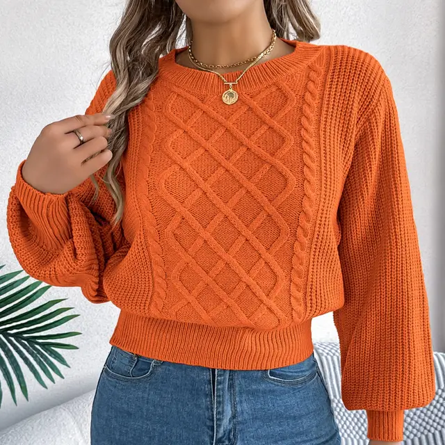 Solid Color Twist Lantern Long Sleeve Fitted Waist Sweater Women's Clothing Orange - Shop at LoveMi