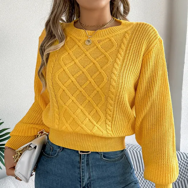 Solid Color Twist Lantern Long Sleeve Fitted Waist Sweater Women's Clothing Yellow - Shop at LoveMi