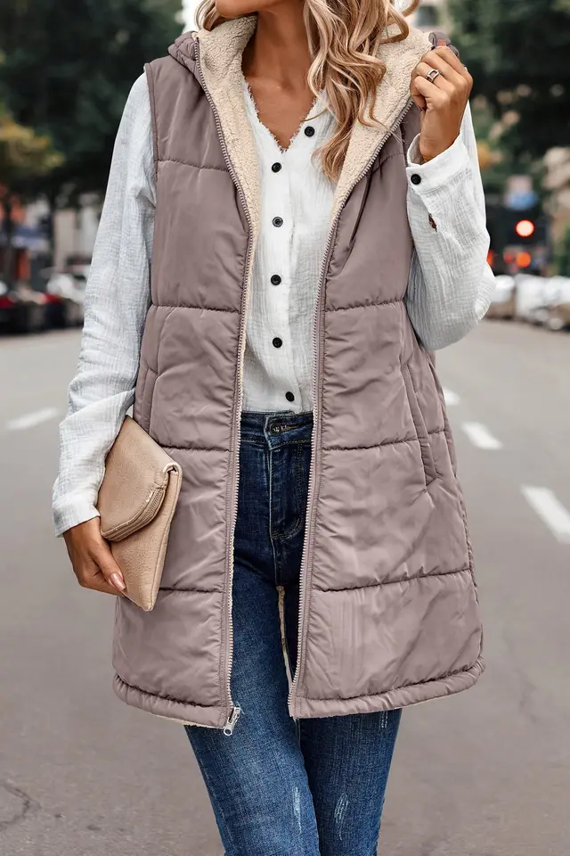 Hooded Double sided Slim Fit Elegant Cardigan Vest Light Camel - Shop at LoveMi