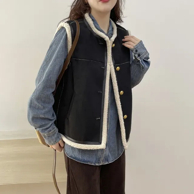 Retro Crew Neck Short Leather And Fur Vest Black - Shop at LoveMi