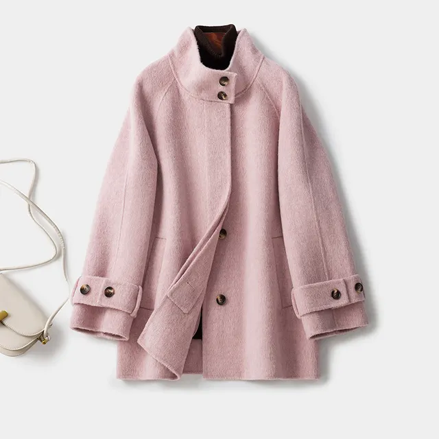 Double sided Cashmere Women's Mid length Waist Slimming Woolen Coat Pink - Shop at LoveMi