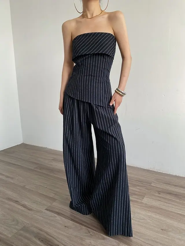 Retro Striped Tube Top Vest Women's Cotton Linen Casual Wide leg Pants Suit Blue Black Set - Shop at LoveMi