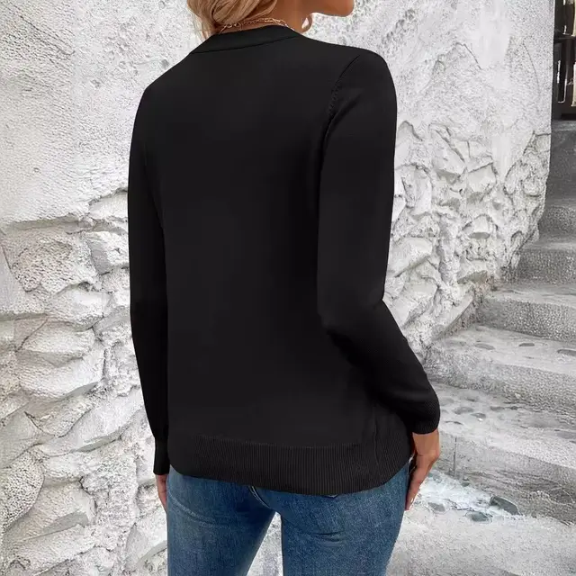 Women's Simple Solid Color Long sleeved Sweater Cardigan Black - Shop at LoveMi