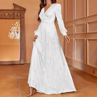 Elegant Dinner Sequined Long Sleeve V neck High Waist Evening Dress Ivory White - Shop at LoveMi