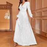Elegant Dinner Sequined Long Sleeve V-neck High Waist Evening Dress - Ivory White - View 1
