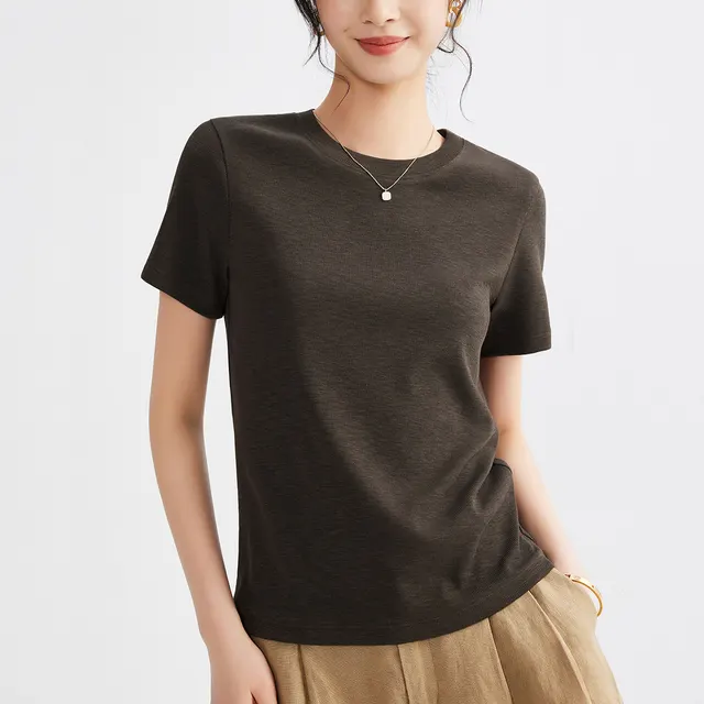 Women's Round Neck Pure Color All matching Heavy Bamboo Snowflake Cotton T shirt Linen Coffee Round Neck - Shop at LoveMi