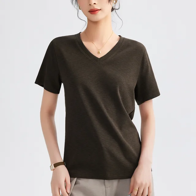 Women's Round Neck Pure Color All matching Heavy Bamboo Snowflake Cotton T shirt Linen Coffee V Neck - Shop at LoveMi