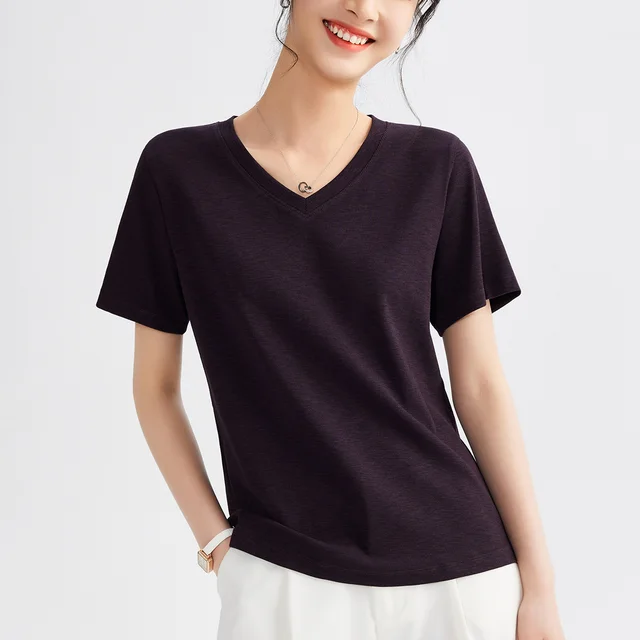Women's Round Neck Pure Color All matching Heavy Bamboo Snowflake Cotton T shirt Solanum Nigrum Purple V Neck - Shop at LoveMi