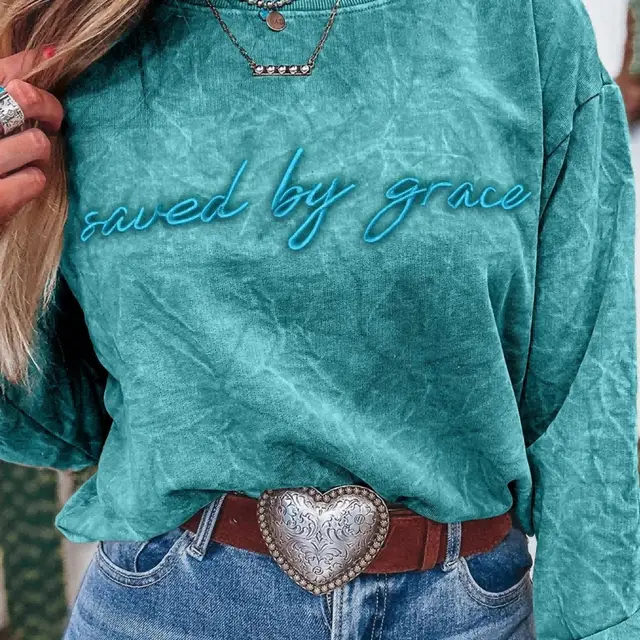 Saved By Grace Letter Embroidery Mineral Wash Loose Sweatshirt Light Green - Shop at LoveMi