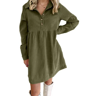 Oatmeal Corduroy Half Button Collared Long Sleeve Mini Dress Army Green - Shop at LoveMi