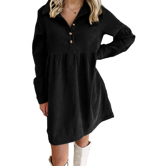 Oatmeal Corduroy Half Button Collared Long Sleeve Mini Dress Black - Shop at LoveMi