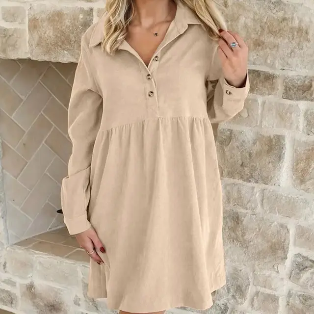 Oatmeal Corduroy Half Button Collared Long Sleeve Mini Dress Oatmeal - Shop at LoveMi