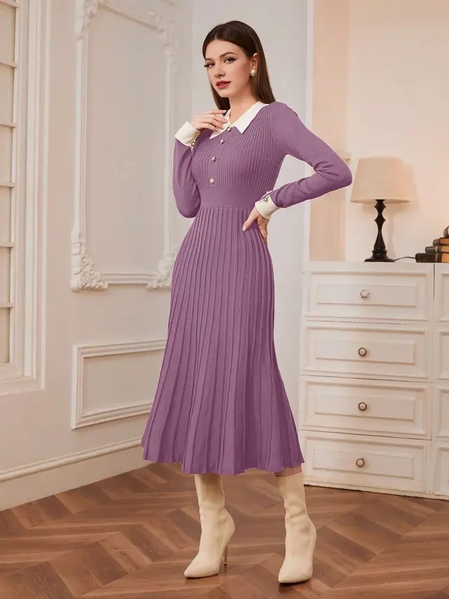 French Style Retro Elegant Lapel A Line Long Sleeve Knitted Dress Purple - Shop at LoveMi