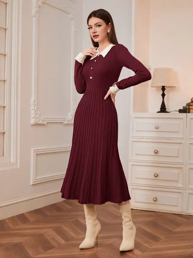 French Style Retro Elegant Lapel A Line Long Sleeve Knitted Dress Wine Red - Shop at LoveMi