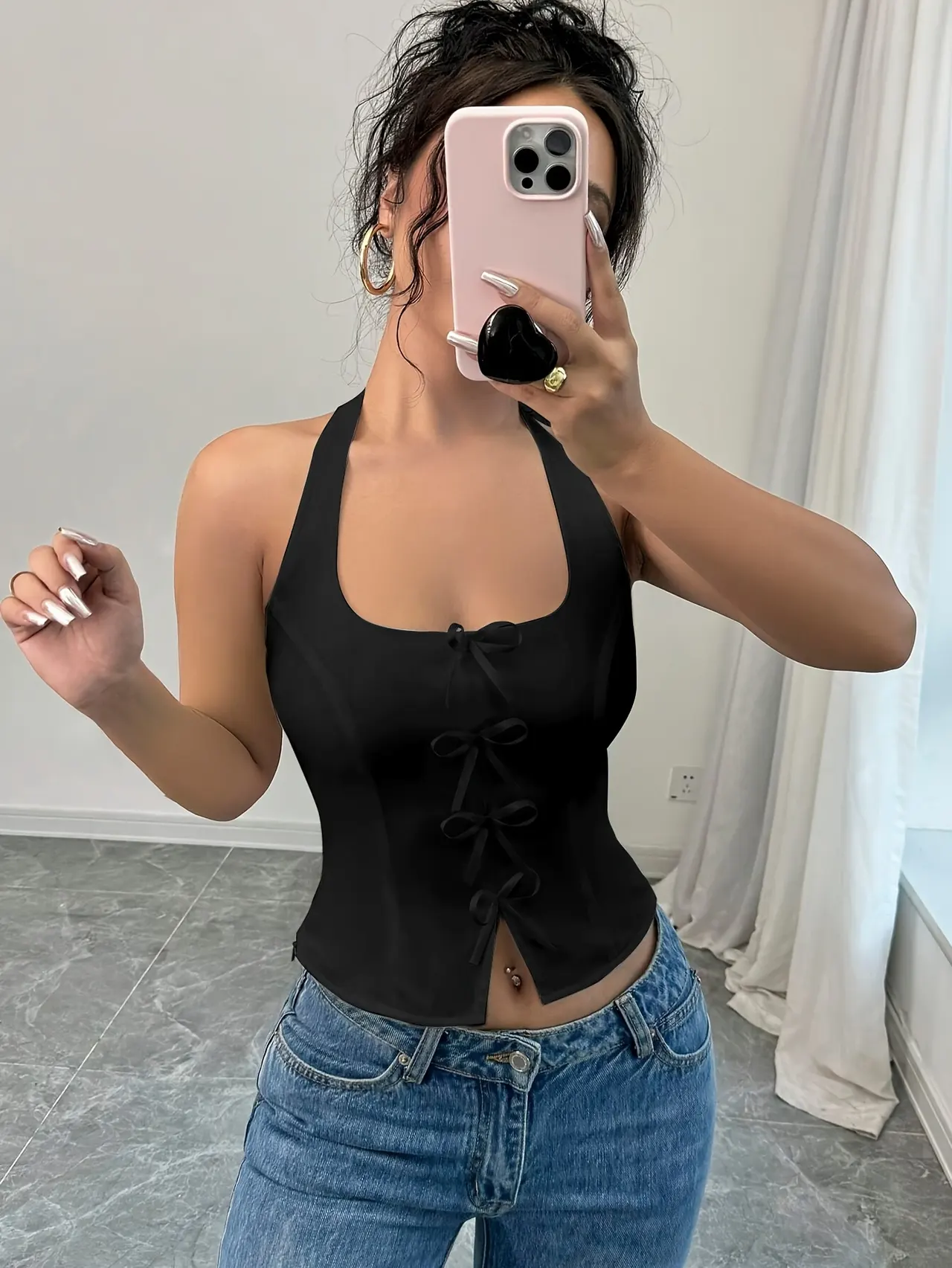 Women's Minimalist Bowknot Decorative Hanging Collar Top - Black