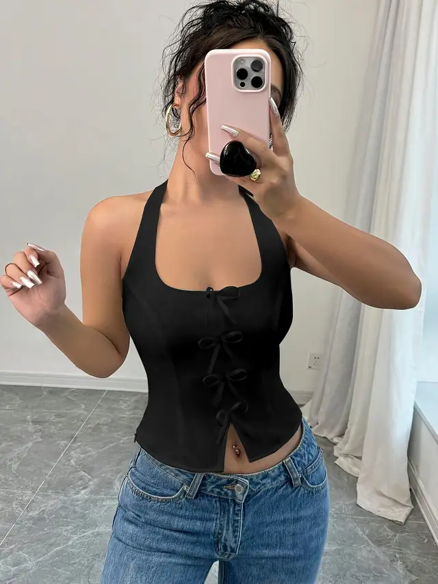 Women's Minimalist Bowknot Decorative Hanging Collar Top Black - Shop at LoveMi