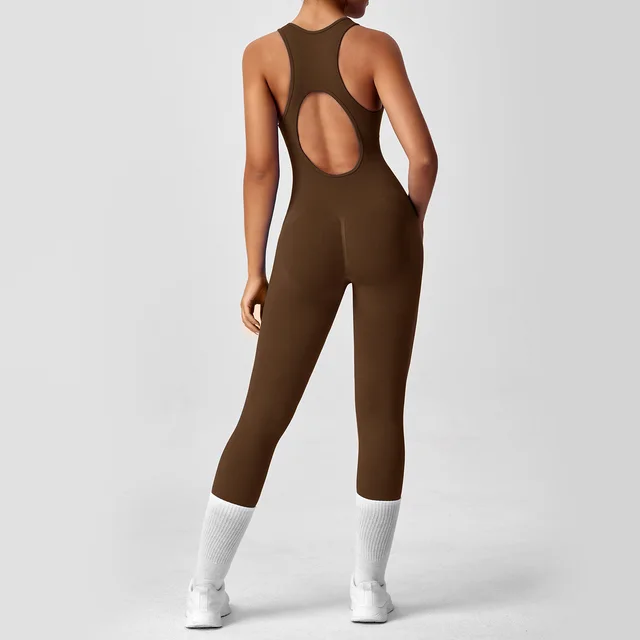 One piece Yoga Pants Running Fitness Jumpsuit Brown - Shop at LoveMi