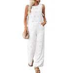 Women's Casual Embroidered Side Lace-up Sleeveless Vest And Trousers Suit - Red