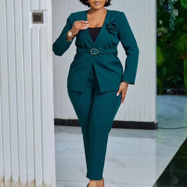 Solid Color Fashion Suit Pants Two piece Set Peacock Green Belt - Shop at LoveMi