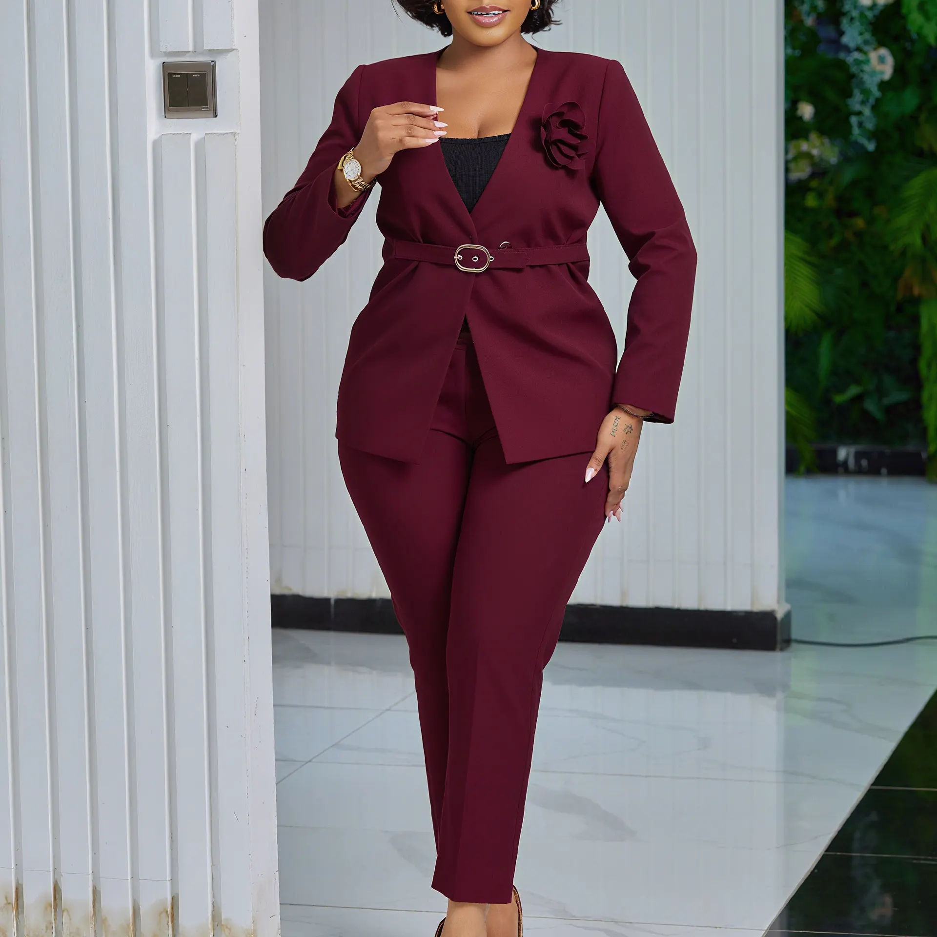 Solid Color Fashion Suit Pants Two-piece Set - Wine Red Belt