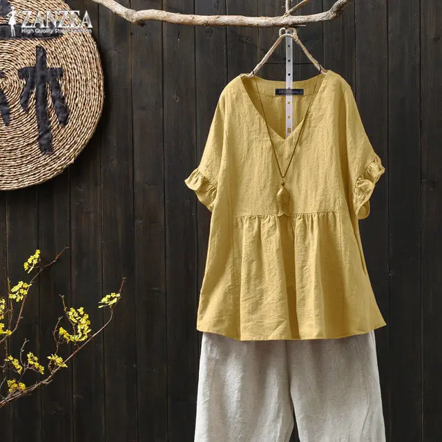 Ruffled Loose Plus Size Top For Ethnic Style Shirt Women Lemon Yellow - Shop at LoveMi