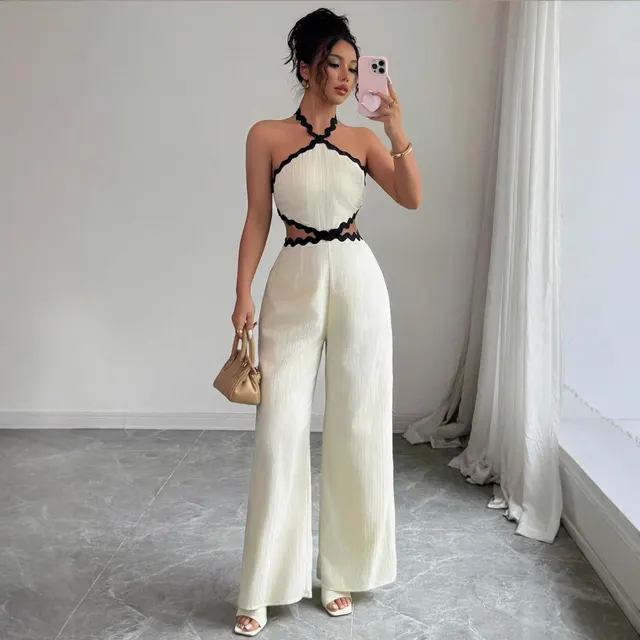 Women's Fashionable Wave Lace Texture Halter Stitching Hollow out Jumpsuit Apricot - Shop at LoveMi