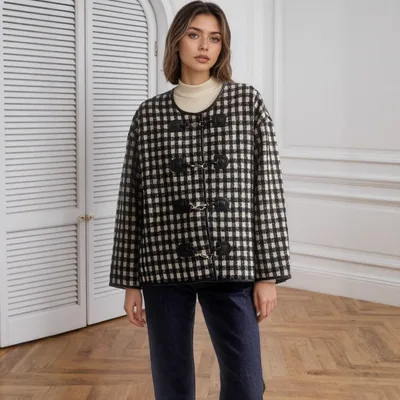Metal Buckle Decorative Round Neck Hemming Shorts Jacket Black And White Plaid - Shop at LoveMi