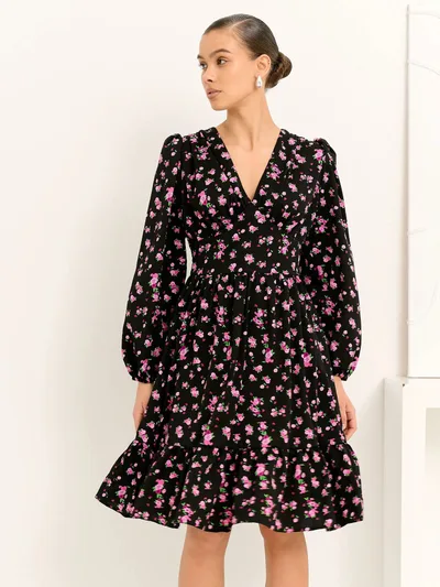 Printed Crimp V neck Long Dress Women Black - Shop at LoveMi
