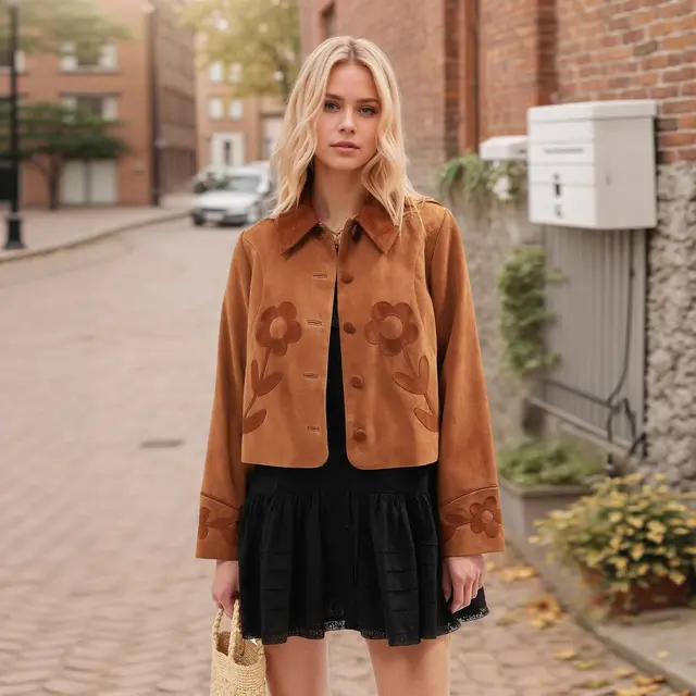 Elegant Vintage Suede Flower Short Coat Yellowish Brown - Shop at LoveMi