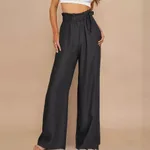 Plus Size Solid Color Loose Lace-up Wide Leg Trousers - Black