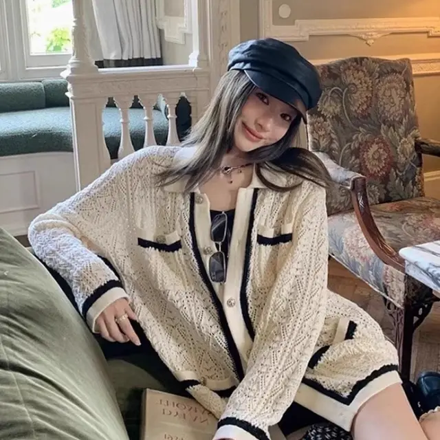 Classic Style Hollow Out Sleeveless Knitted Dress Female Elegance Retro Short Skirt Apricot Hit Black Cardigan - Shop at LoveMi