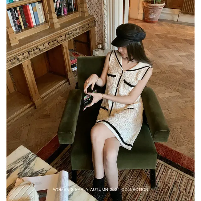 Classic Style Hollow Out Sleeveless Knitted Dress Female Elegance Retro Short Skirt Apricot Hit Black Dress - Shop at LoveMi