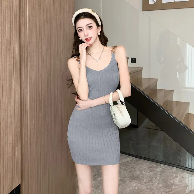 Metal Decorative Sling Woolen Skirt Slimming Hip Knitwear Dress Gray - Shop at LoveMi