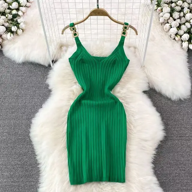 Metal Decorative Sling Woolen Skirt Slimming Hip Knitwear Dress Green - Shop at LoveMi