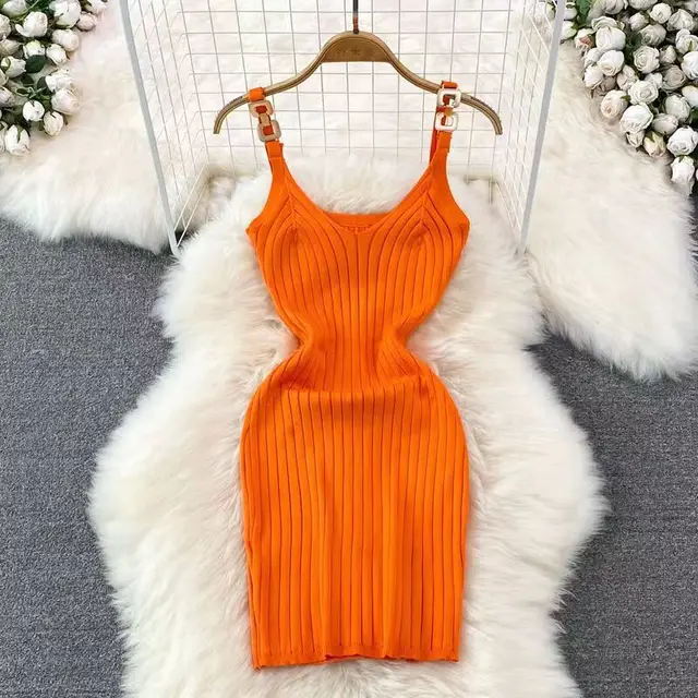 Metal Decorative Sling Woolen Skirt Slimming Hip Knitwear Dress Orange - Shop at LoveMi
