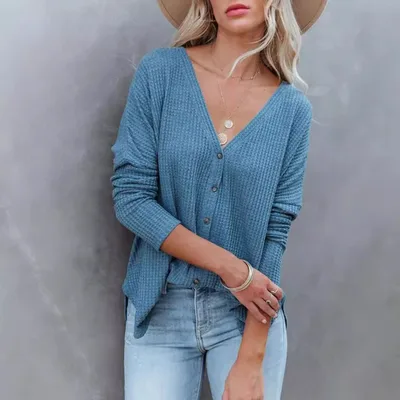 Long Sleeve Button Loose Top T shirt Lake Blue - Shop at LoveMi