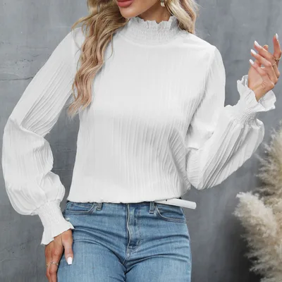 Casual Solid Color Ruffle Sleeve Loose Top For Women White - Shop at LoveMi