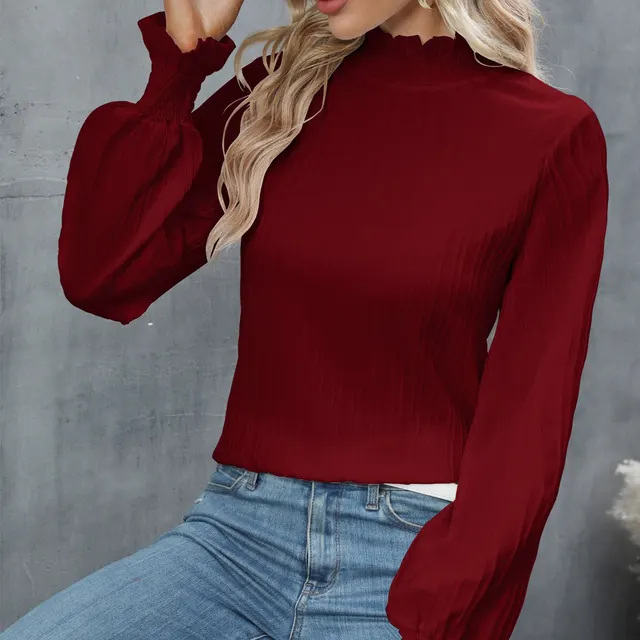 Casual Solid Color Ruffle Sleeve Loose Top For Women Wine Red - Shop at LoveMi