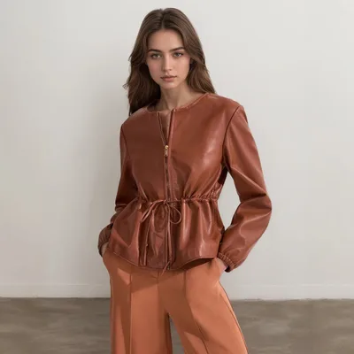 Round Neck Brown Drawstring Short Long Sleeve Leather Coat Brown - Shop at LoveMi