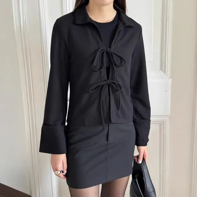 Women's Long Sleeve Lapel Tied Fashionable Jacket Black - Shop at LoveMi
