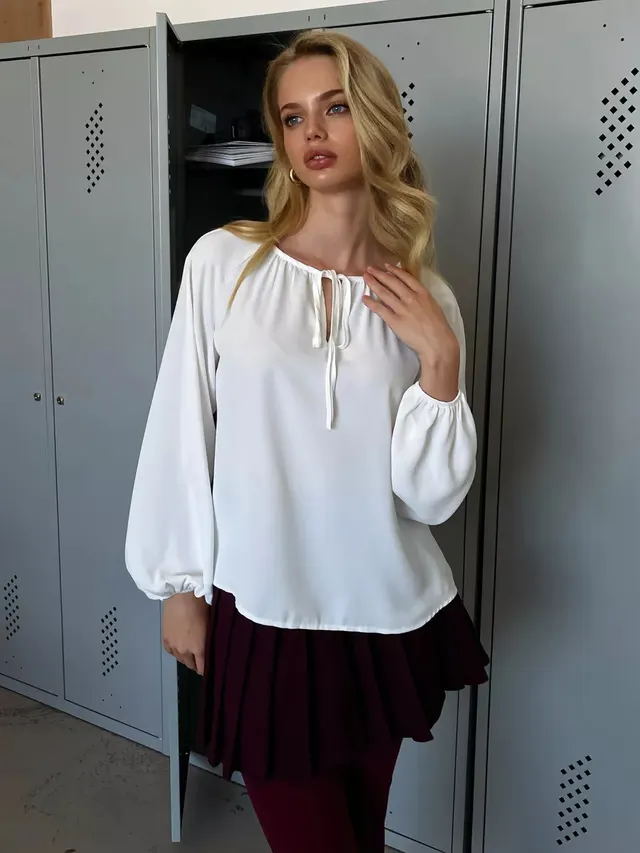 Lace up Crew Neck Shirt Long Sleeve Simple And Stylish White - Shop at LoveMi