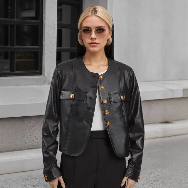 Round Neck Metal Buckle Embellished Short PU Leather Jacket Black - Shop at LoveMi
