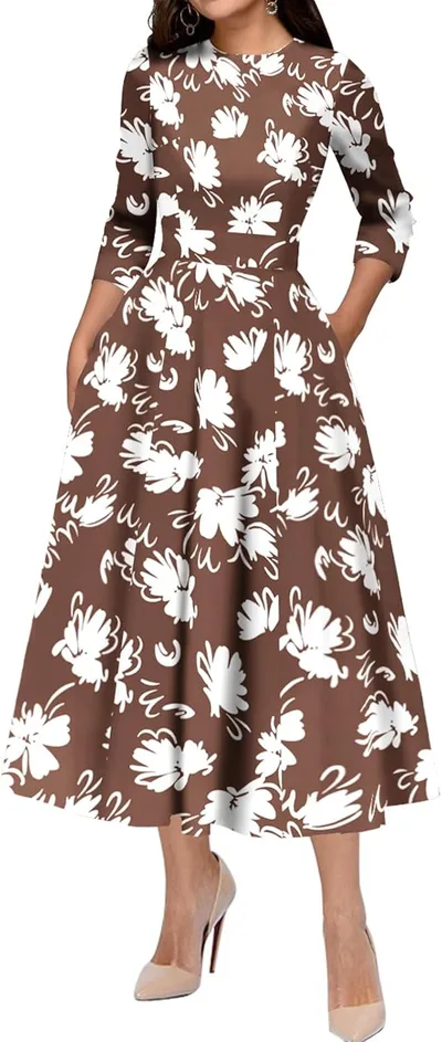 Slim Fit Waist Retro Printed Dress Women With Pockets 5 Flowers - Shop at LoveMi