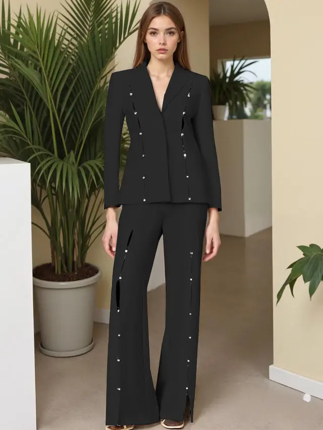 Metal Decorative Strip Embellished Design Trousers Slim Fit Long sleeve Suit Black - Shop at LoveMi