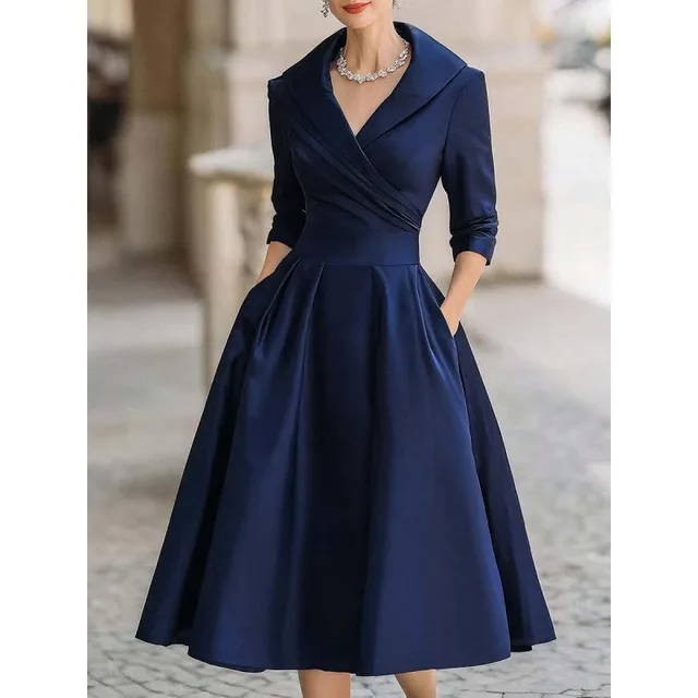 Elegant Formal Waist tight Dress Slimming Elegant Long Sleeve Dark Blue - Shop at LoveMi