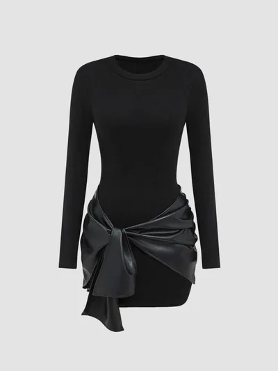 Solid Color PU Ribbon Elegant Slim Waist Sheath Dress Black - Shop at LoveMi