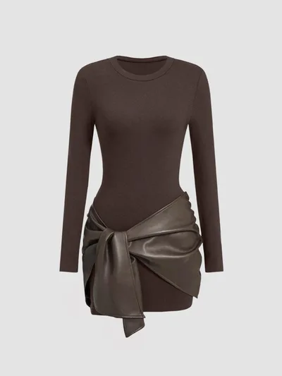 Solid Color PU Ribbon Elegant Slim Waist Sheath Dress Dark Brown - Shop at LoveMi