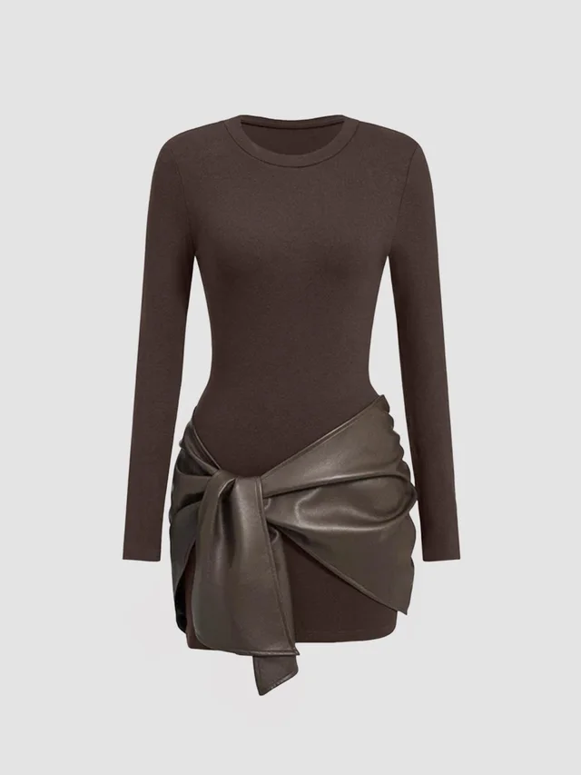 Solid Color PU Ribbon Elegant Slim Waist Sheath Dress Dark Brown - Shop at LoveMi
